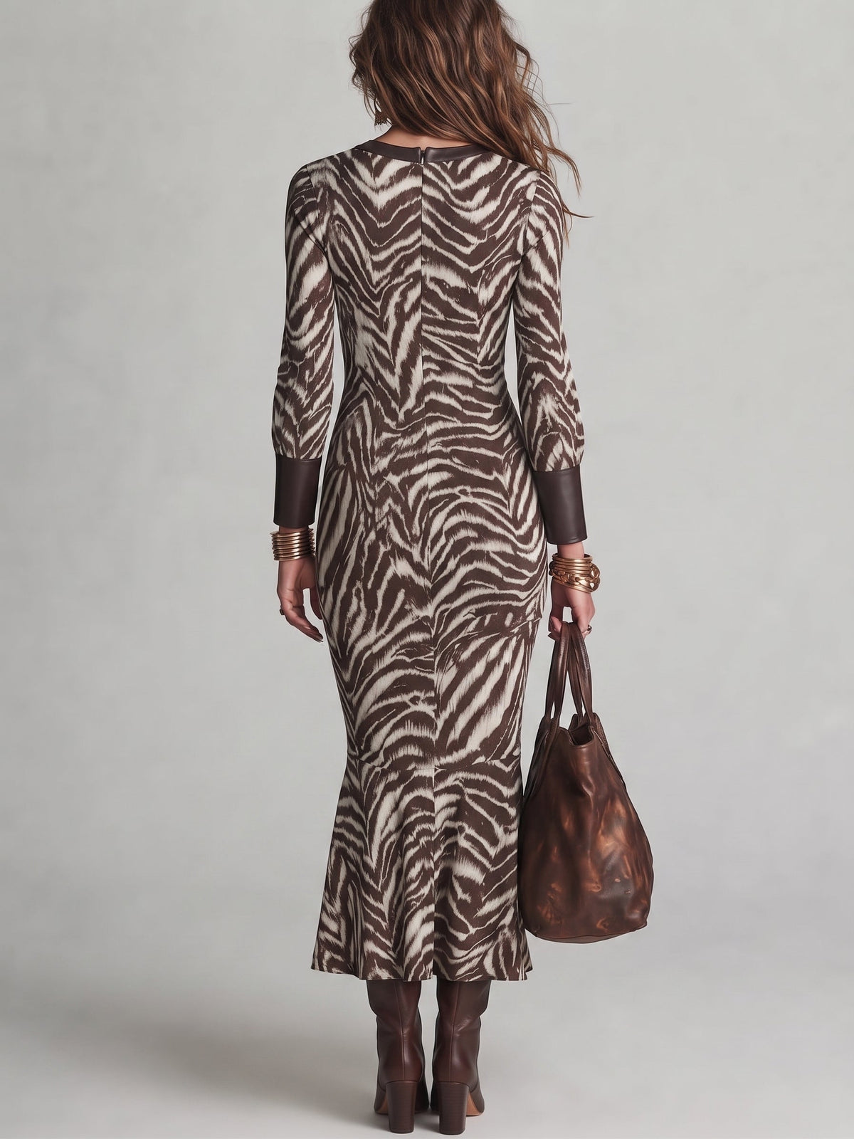 Brown Zebra-Print Cut-Out Keyhole Neck Maxi Dress