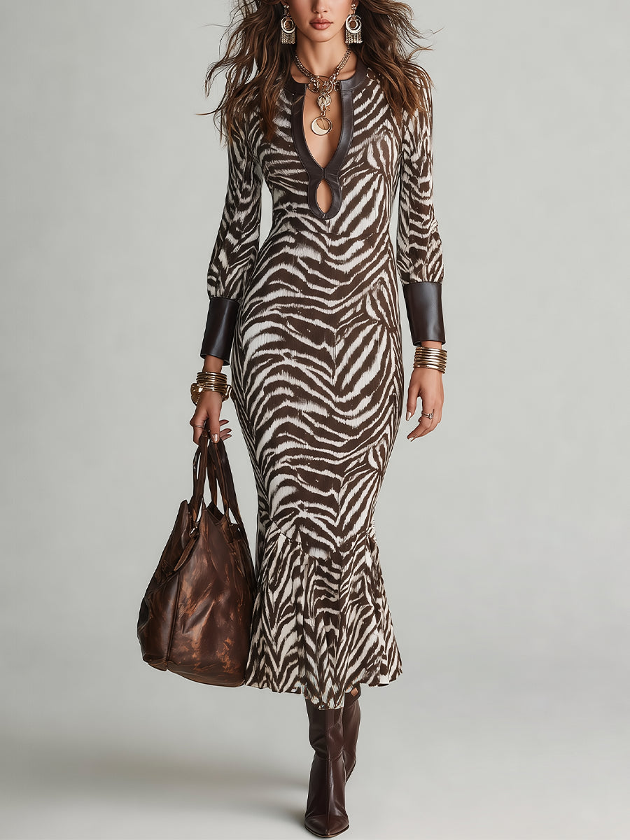 Brown Zebra-Print Cut-Out Keyhole Neck Maxi Dress