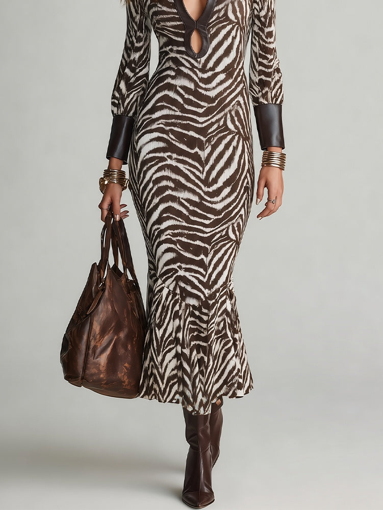 Brown Zebra-Print Cut-Out Keyhole Neck Maxi Dress