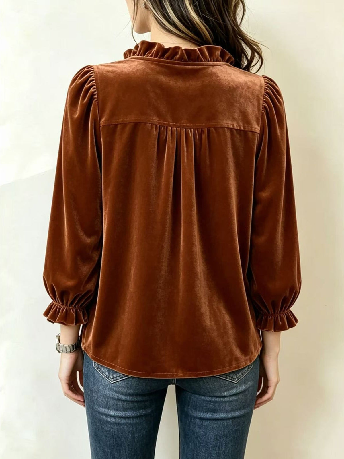 Velvet Ruffled V-neck Puff Sleeve Shirt