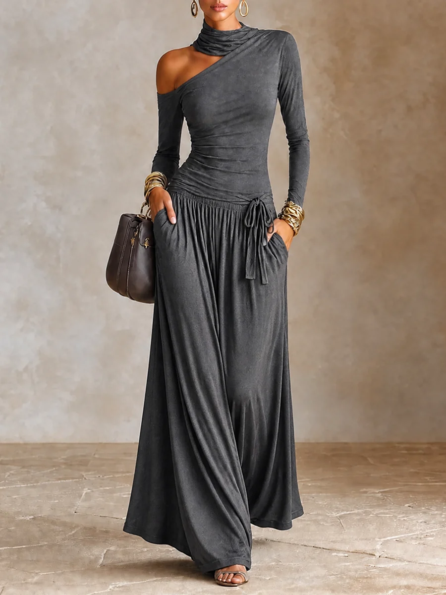 Dark Grey Asymmetric Off‑Shoulder Long Sleeve Vacation Maxi Dress