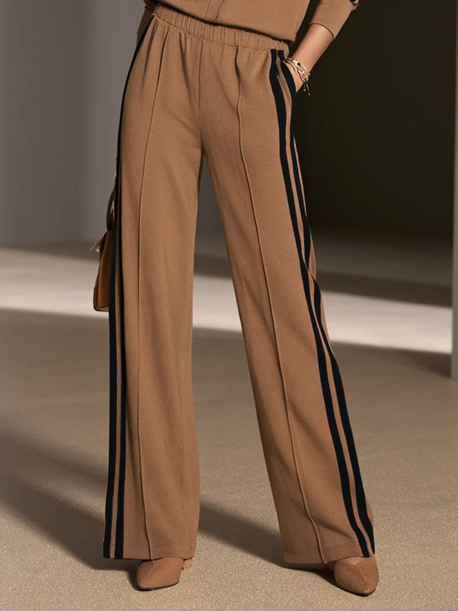 Camel Color-blocked Single-breasted Top And Wide-leg Pants Suit