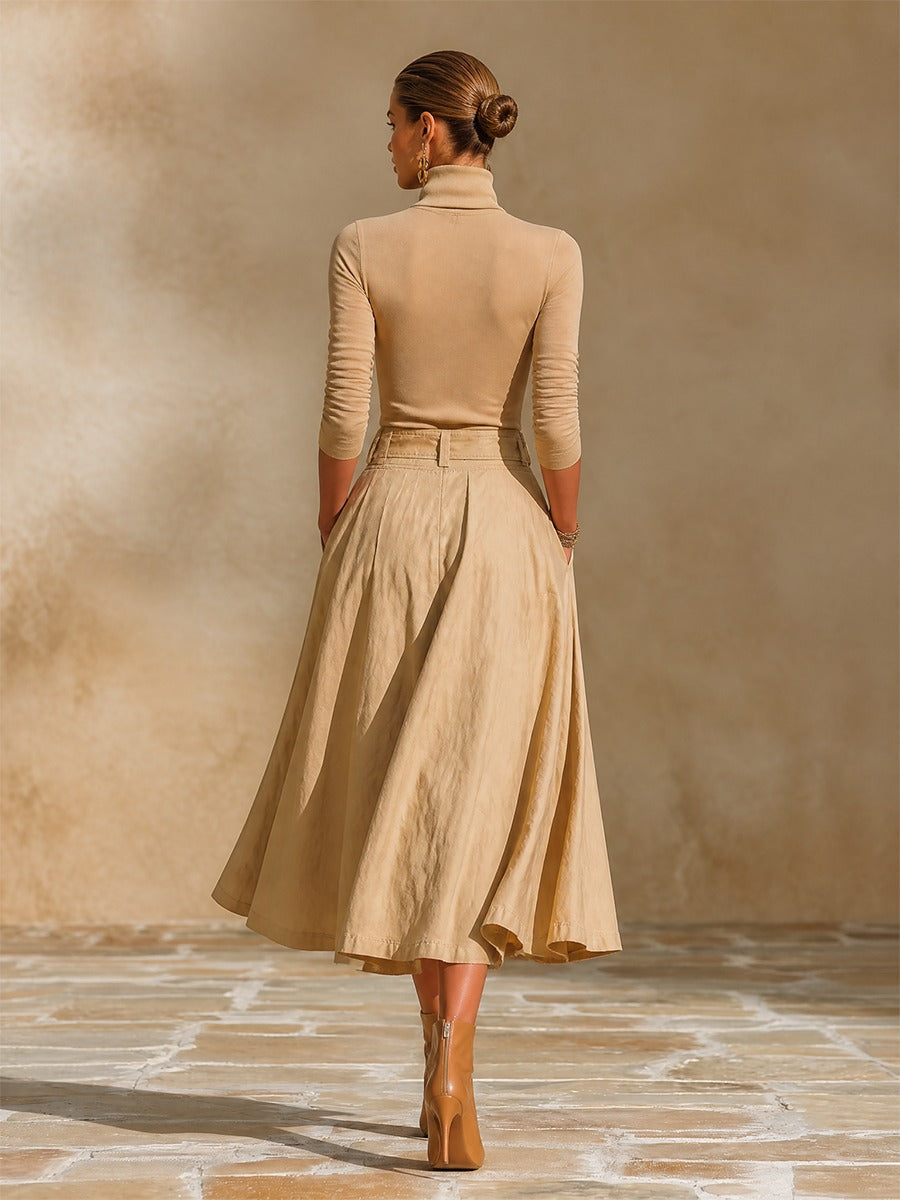 Khaki Turtleneck Button Top & High‑Waist Pleated Skirt Two‑Piece Set(with belt)