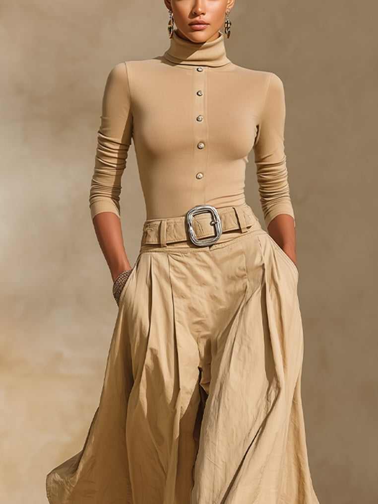 Khaki Turtleneck Button Top & High‑Waist Pleated Skirt Two‑Piece Set(with belt)