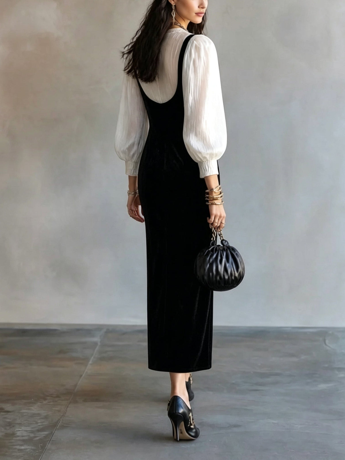 Black Velvet Slip Midi Dress & White Puff Sleeve Shirt Two-piece Set