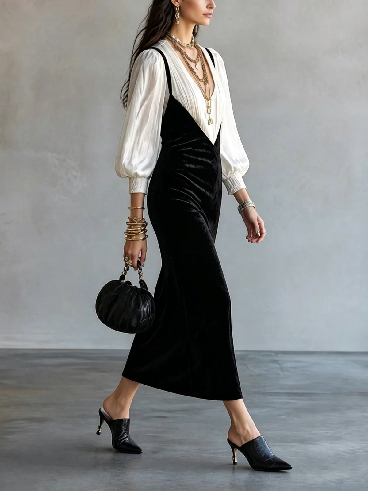Black Velvet Slip Midi Dress & White Puff Sleeve Shirt Two-piece Set