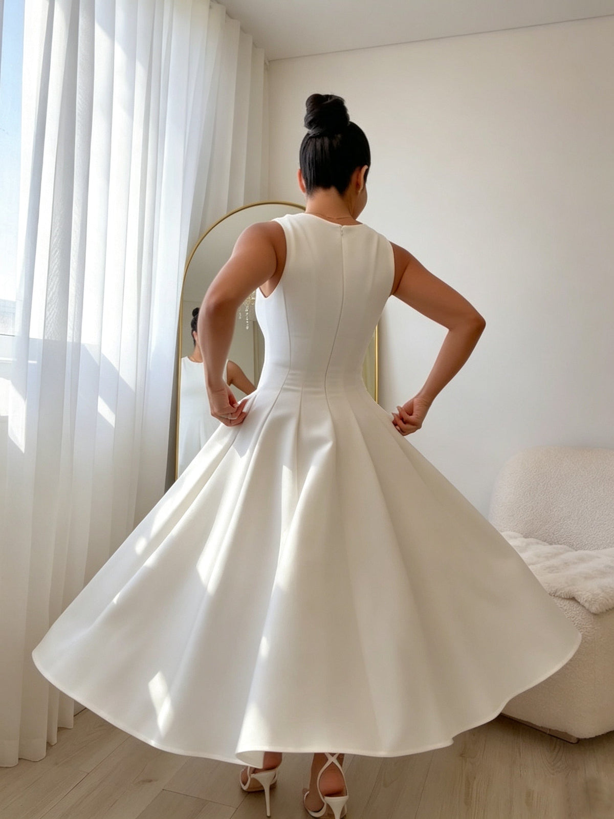 White Sleeveless Fit-and-Flare A-Line Midi Dress With Pockets