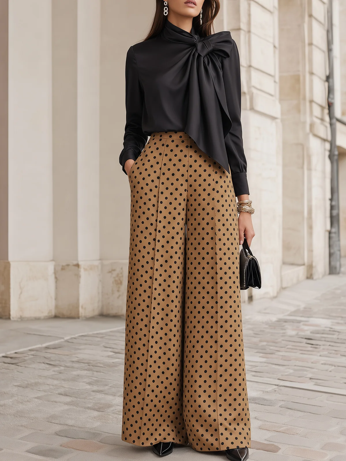 Black Bow Satin Blouse & Camel Polka Dot Wide-Leg Trouser Two-Piece Set
