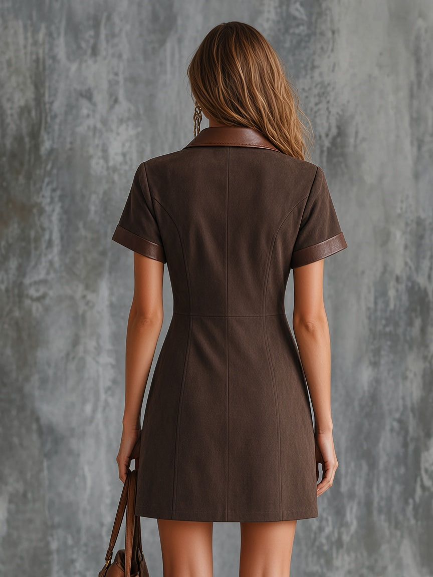 Brown Faux Suede Blazer Mini Dress With Faux Leather Trim