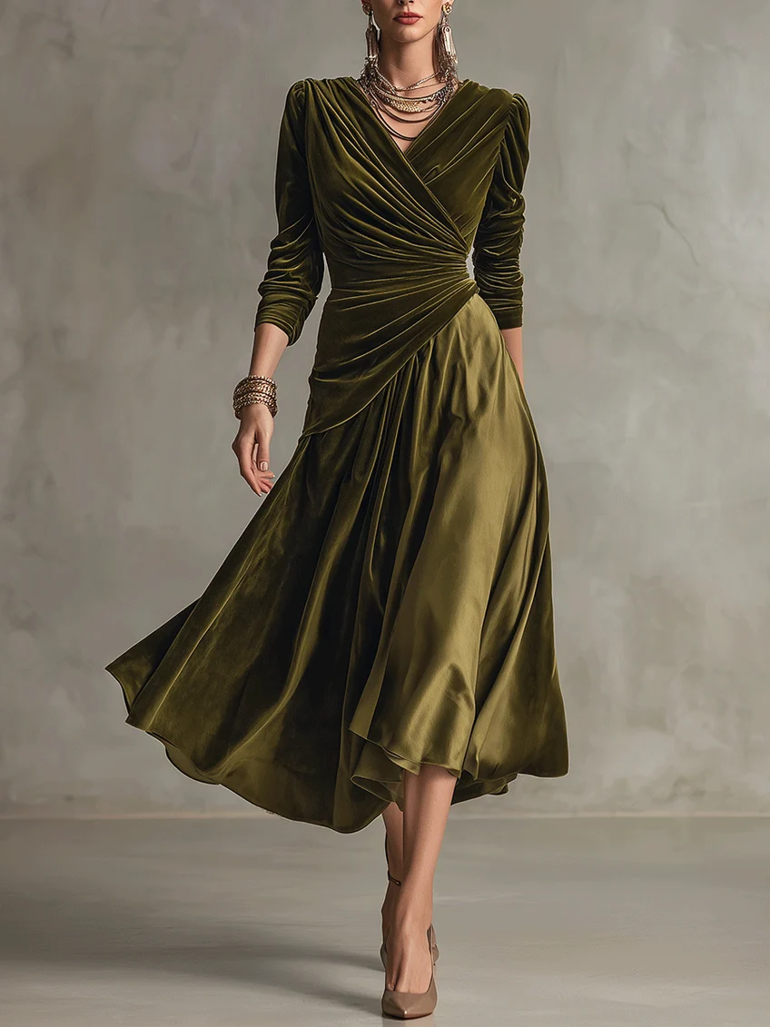 Olive Green Velvet Wrap Top& Satin Pleated Midi Skirt Two-Piece Set