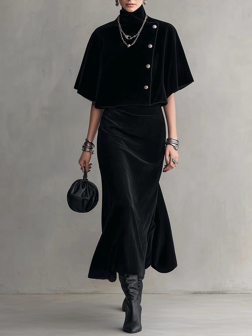 Black Velvet Long-sleeved Turtleneck Midi Dress With Detachable Shawl Two-piece Set