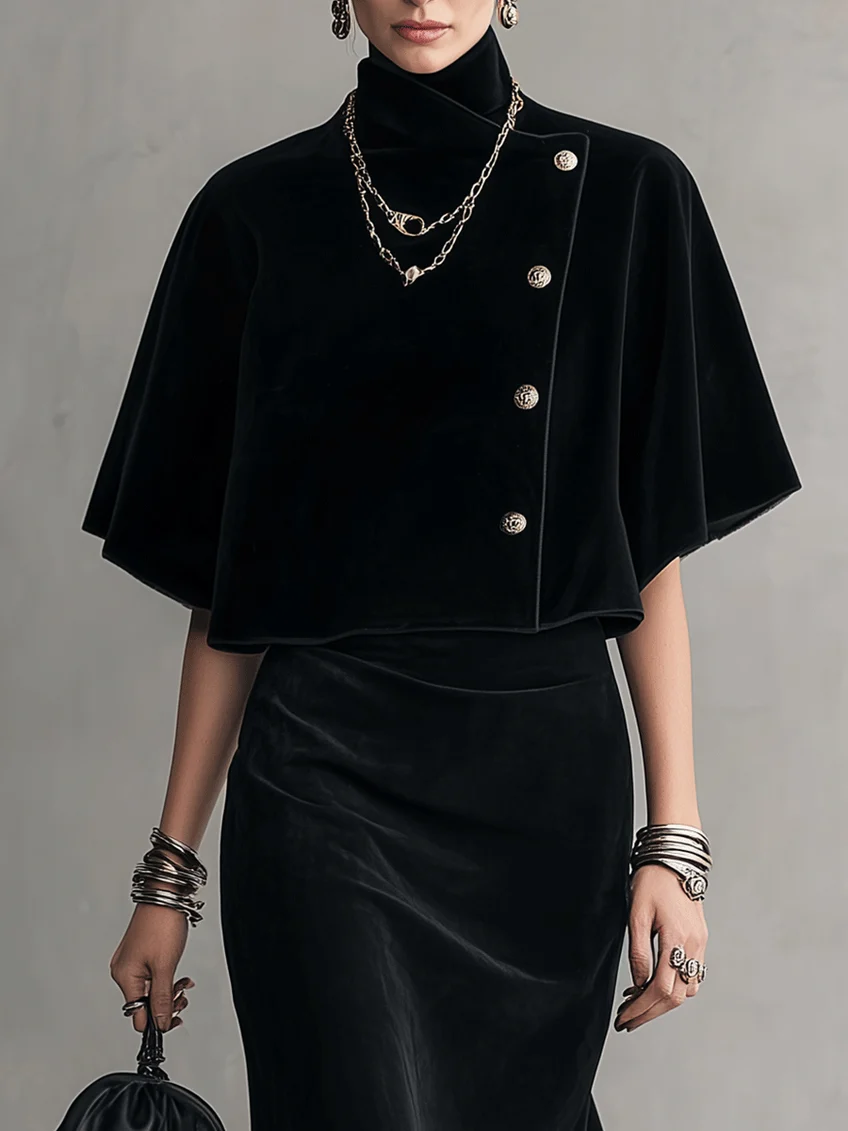 Black Velvet Long-sleeved Turtleneck Midi Dress With Detachable Shawl Two-piece Set