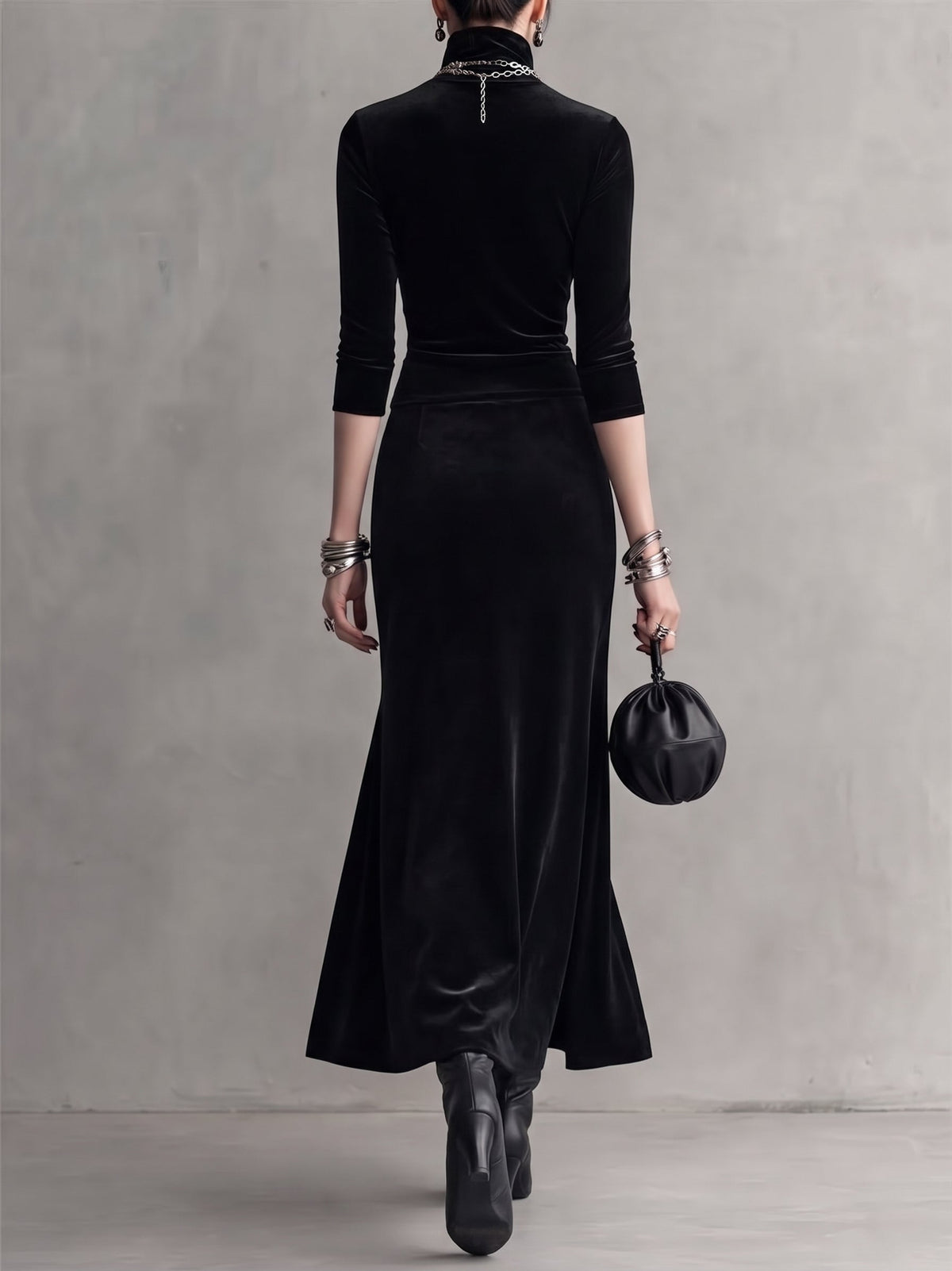 Black Velvet Long-sleeved Turtleneck Midi Dress With Detachable Shawl Two-piece Set