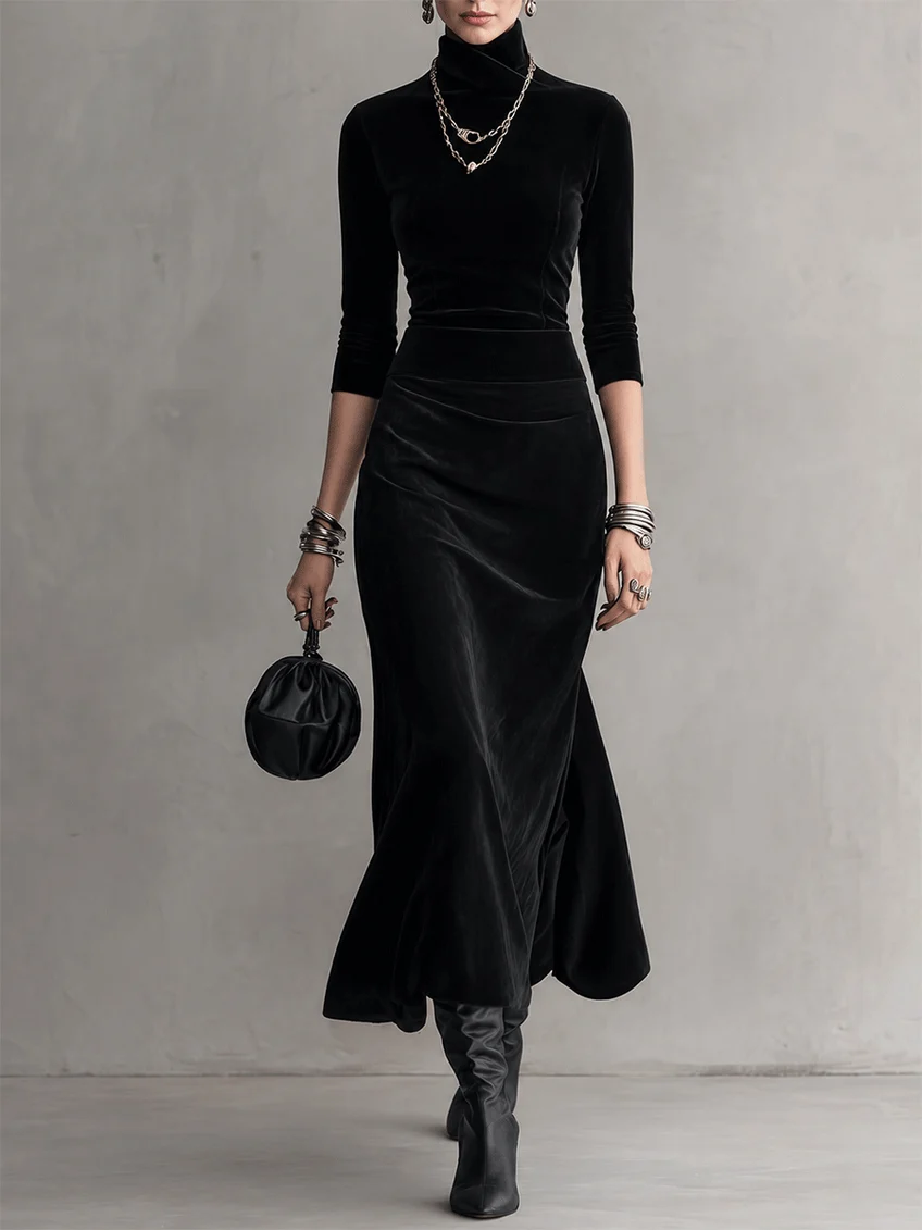 Black Velvet Long-sleeved Turtleneck Midi Dress With Detachable Shawl Two-piece Set