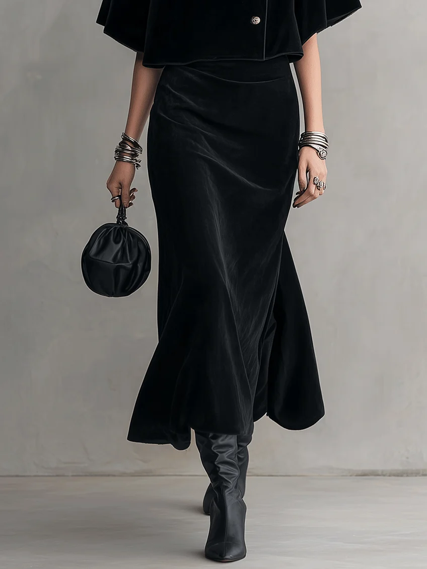 Black Velvet Long-sleeved Turtleneck Midi Dress With Detachable Shawl Two-piece Set