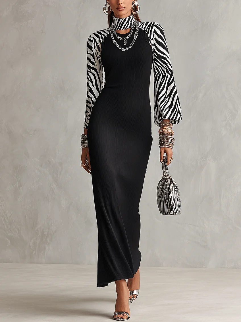 Black Zebra Print Mock Neck Raglan Sleeve Ribbed Bodycon Maxi Dress
