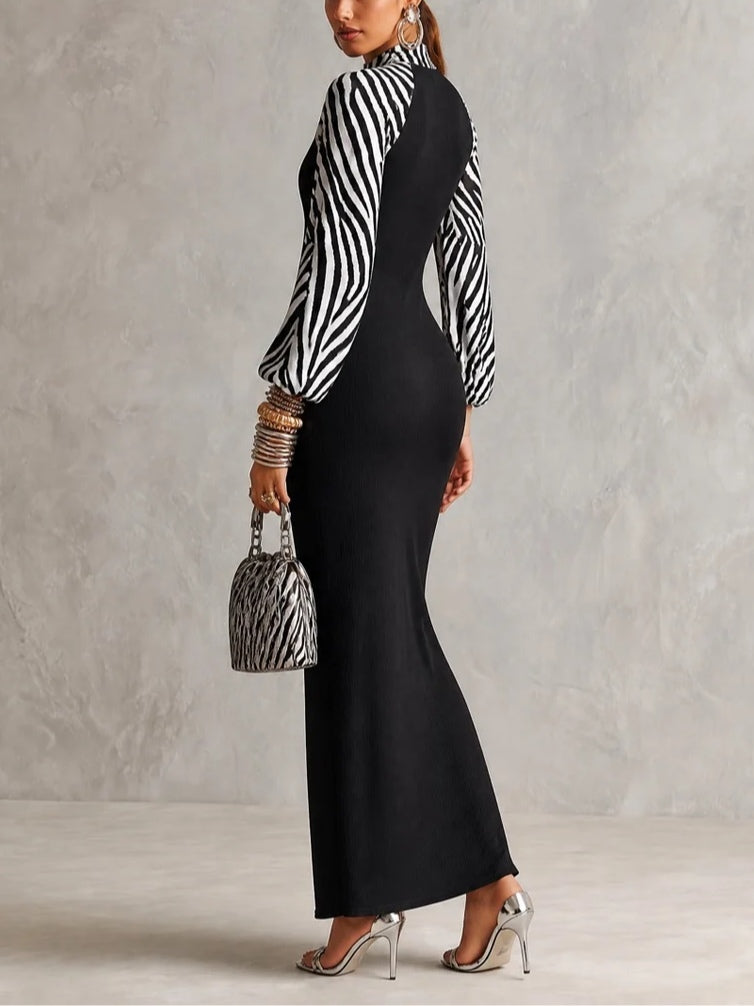 Black Zebra Print Mock Neck Raglan Sleeve Ribbed Bodycon Maxi Dress