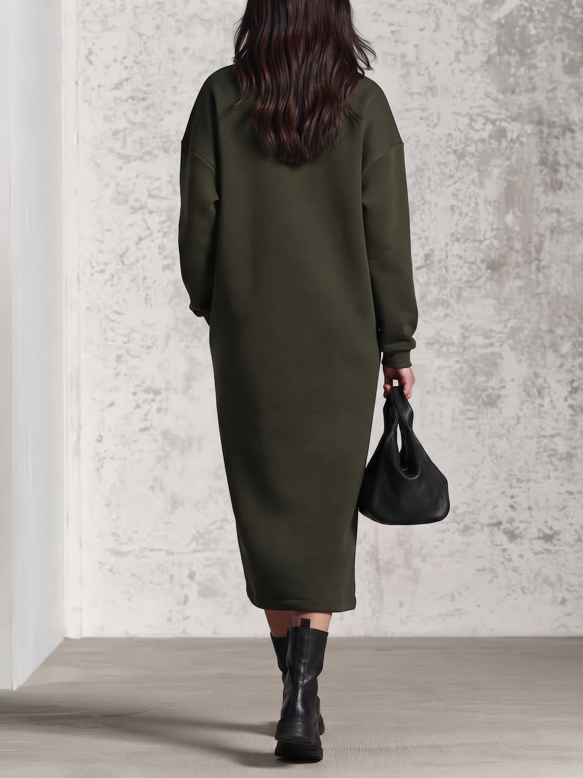 Army Green Half Zip Stand Collar Asymmetrical Diagonal Zipper Casual Midi Dress