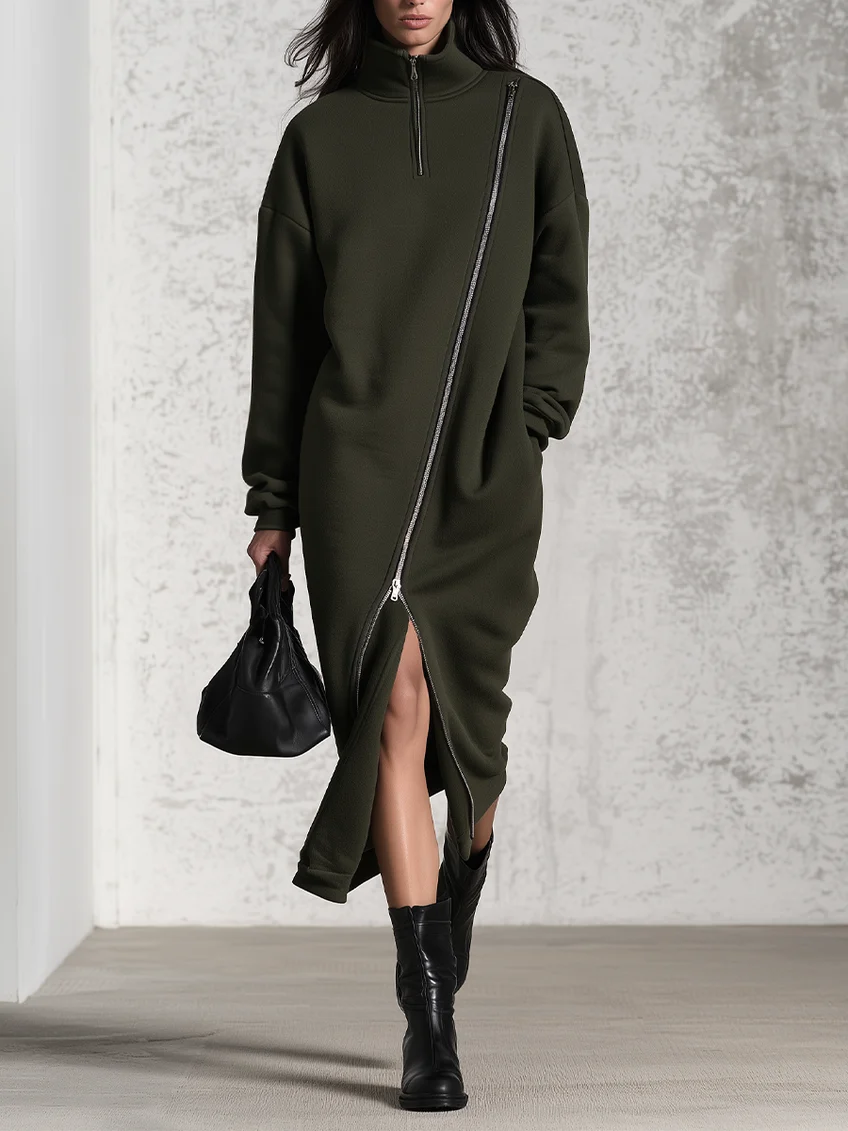 Army Green Half Zip Stand Collar Asymmetrical Diagonal Zipper Casual Midi Dress