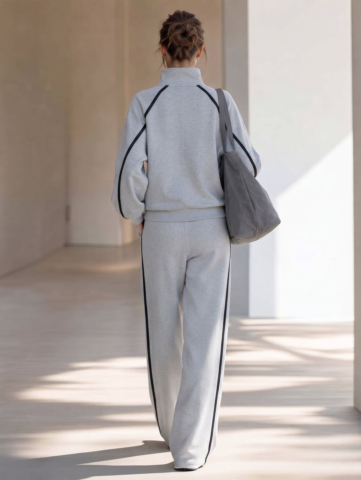 Grey Half-zip Trim Sweatshirt And Wide-leg Pants Two-piece Casual Set