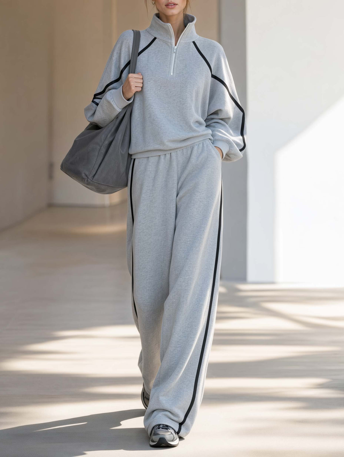 Grey Half-zip Trim Sweatshirt And Wide-leg Pants Two-piece Casual Set
