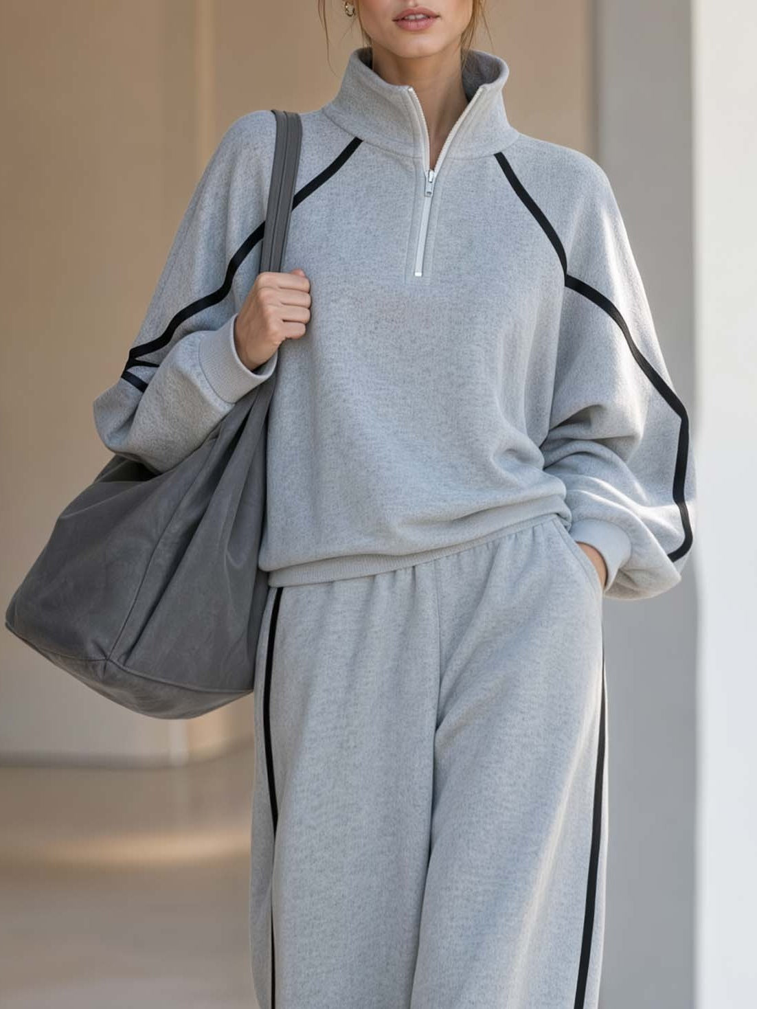 Grey Half-zip Trim Sweatshirt And Wide-leg Pants Two-piece Casual Set