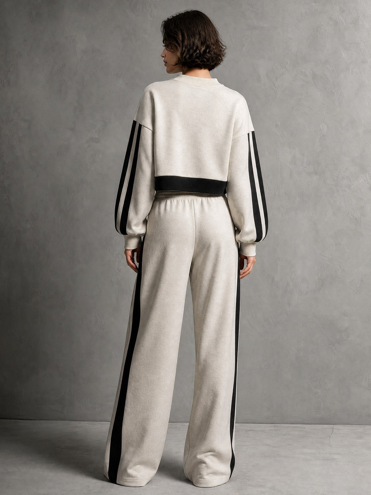 Beige Black Color-blocked Sweatshirt And Wide-leg Pants Loose-fitting Set