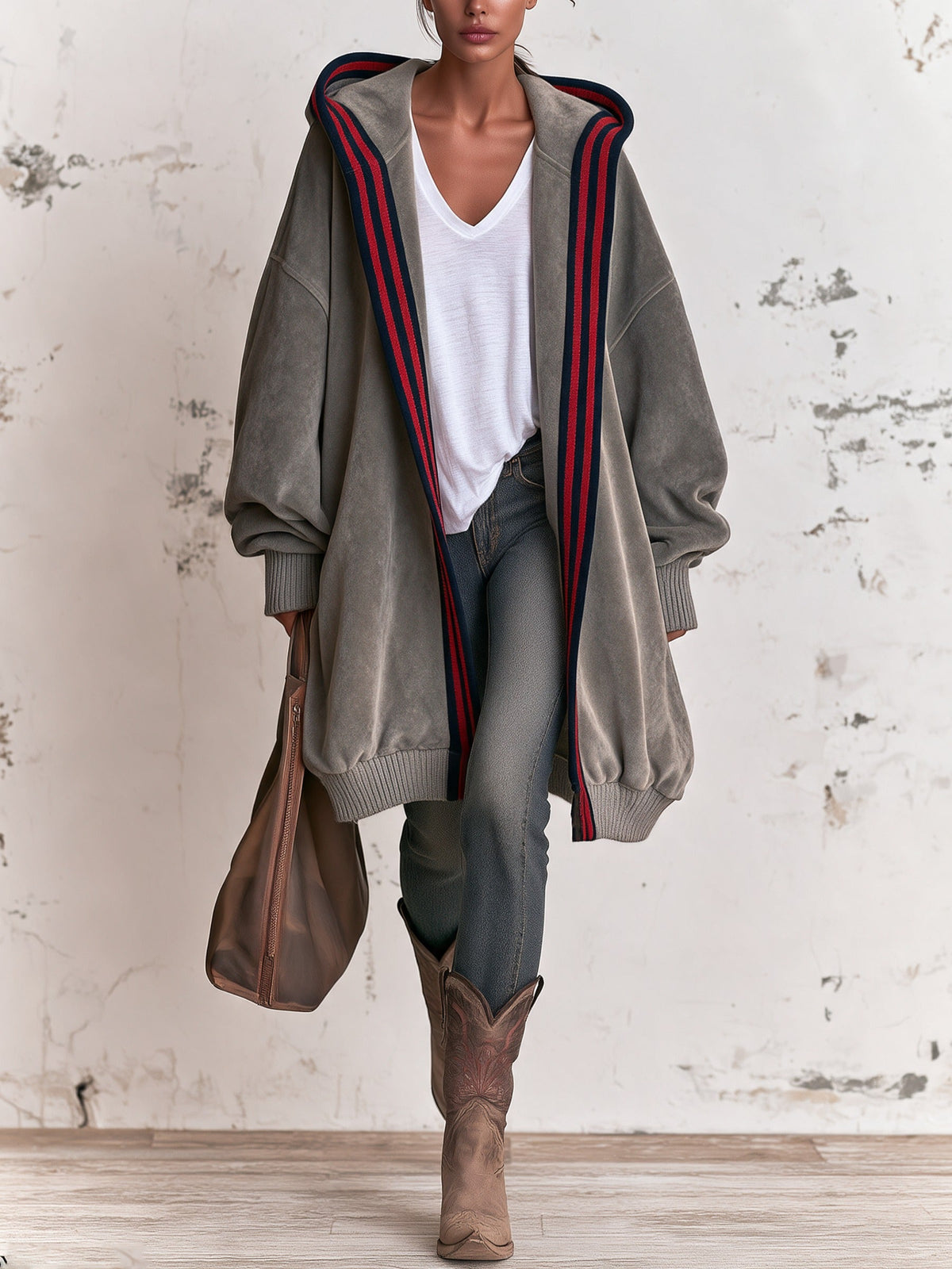 Grey Loose-fitting Hooded Cardigan With Striking Red And Blue Striped Trim