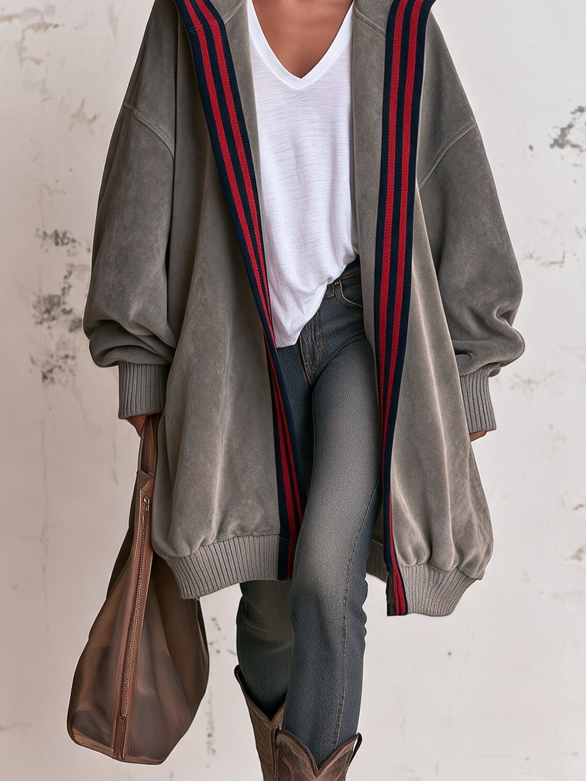 Grey Loose-fitting Hooded Cardigan With Striking Red And Blue Striped Trim