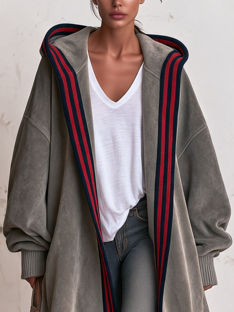 Grey Loose-fitting Hooded Cardigan With Striking Red And Blue Striped Trim