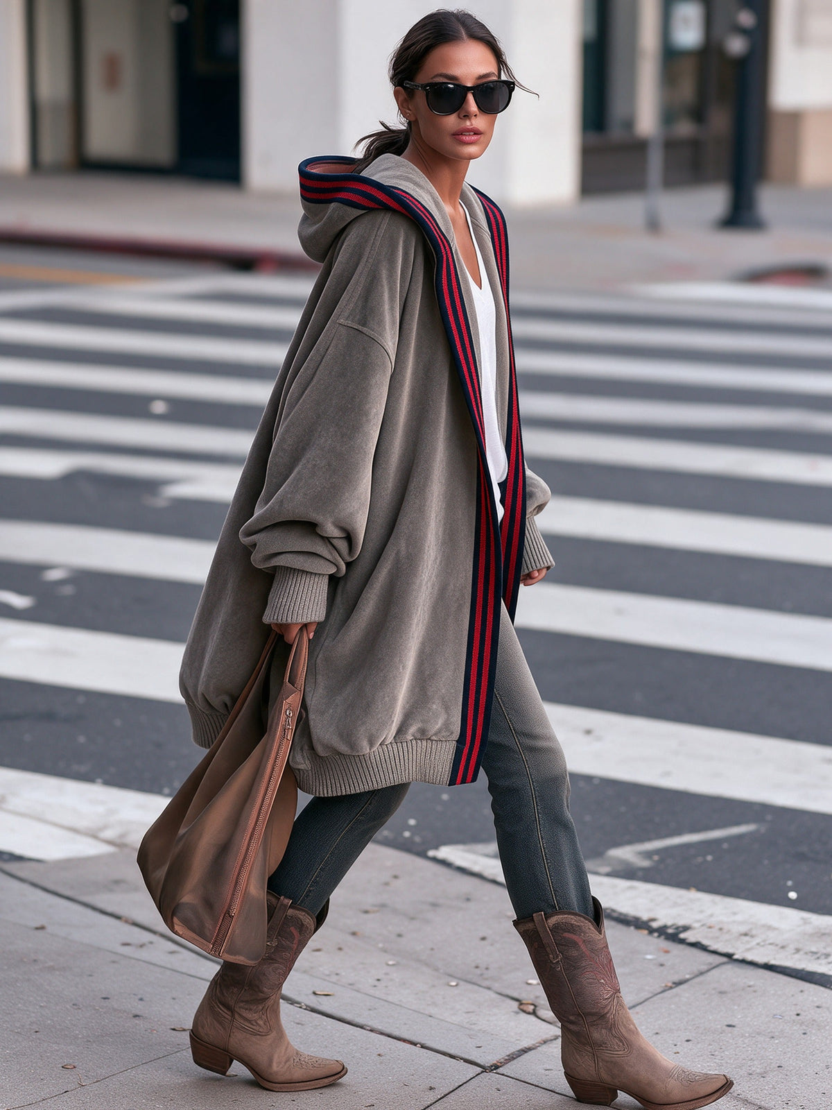Grey Loose-fitting Hooded Cardigan With Striking Red And Blue Striped Trim