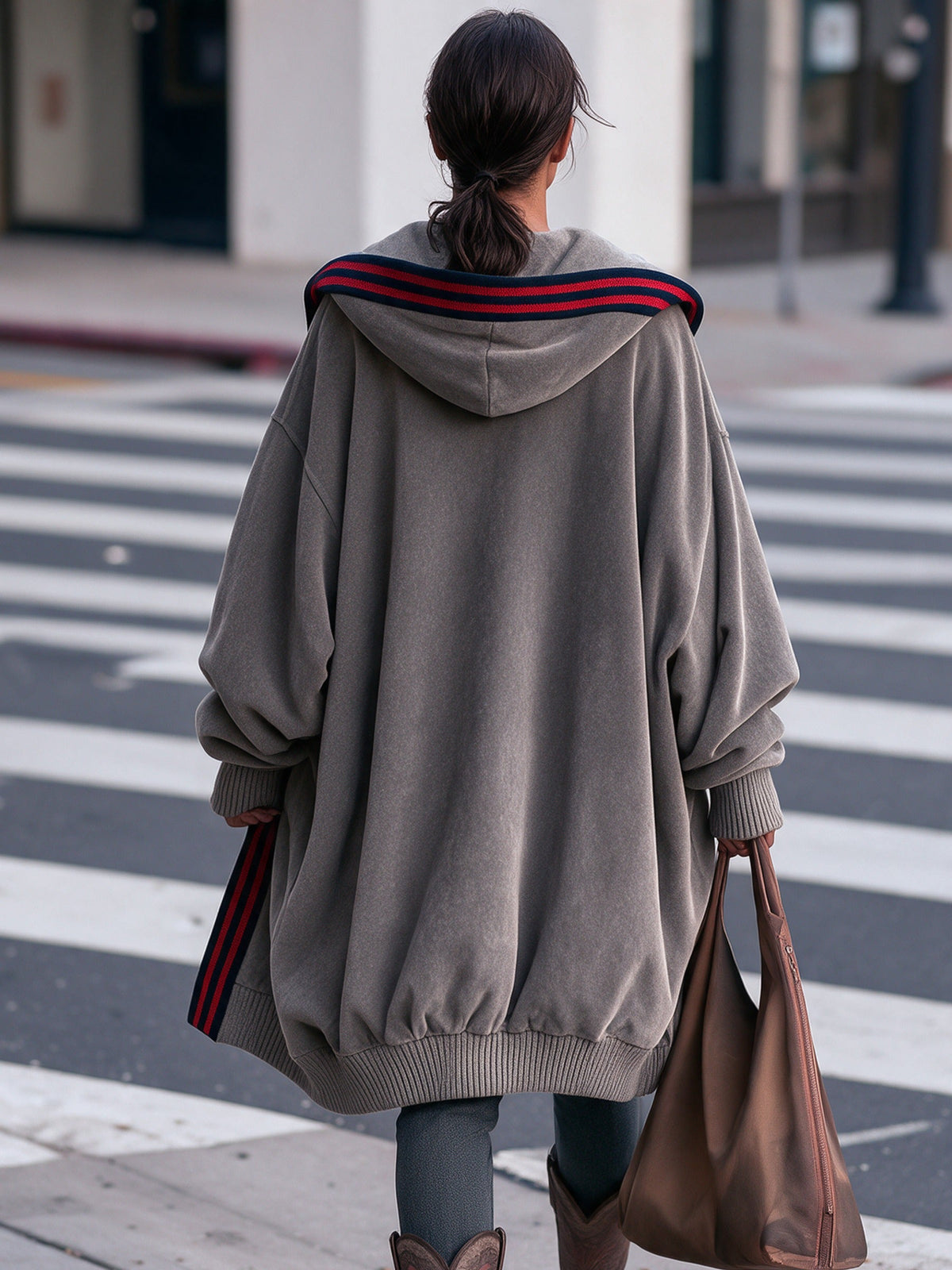 Grey Loose-fitting Hooded Cardigan With Striking Red And Blue Striped Trim