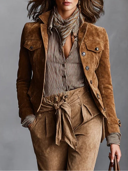 Brown Faux Suede Single-Breasted Lapel Cropped Jacket