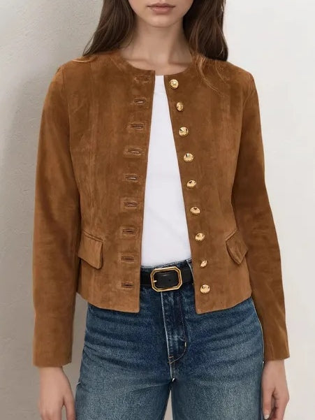 Brown Faux Suede Single-breasted Cropped Jacket