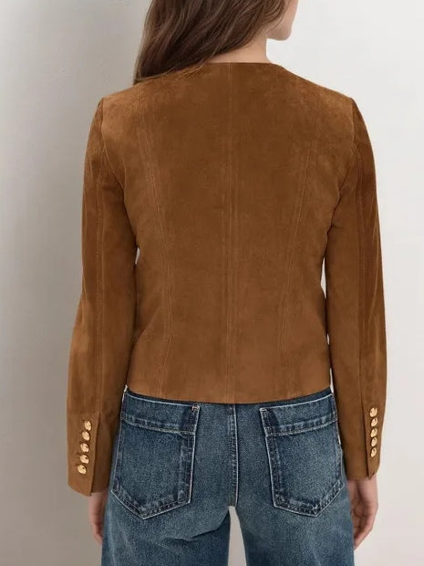 Brown Faux Suede Single-breasted Cropped Jacket
