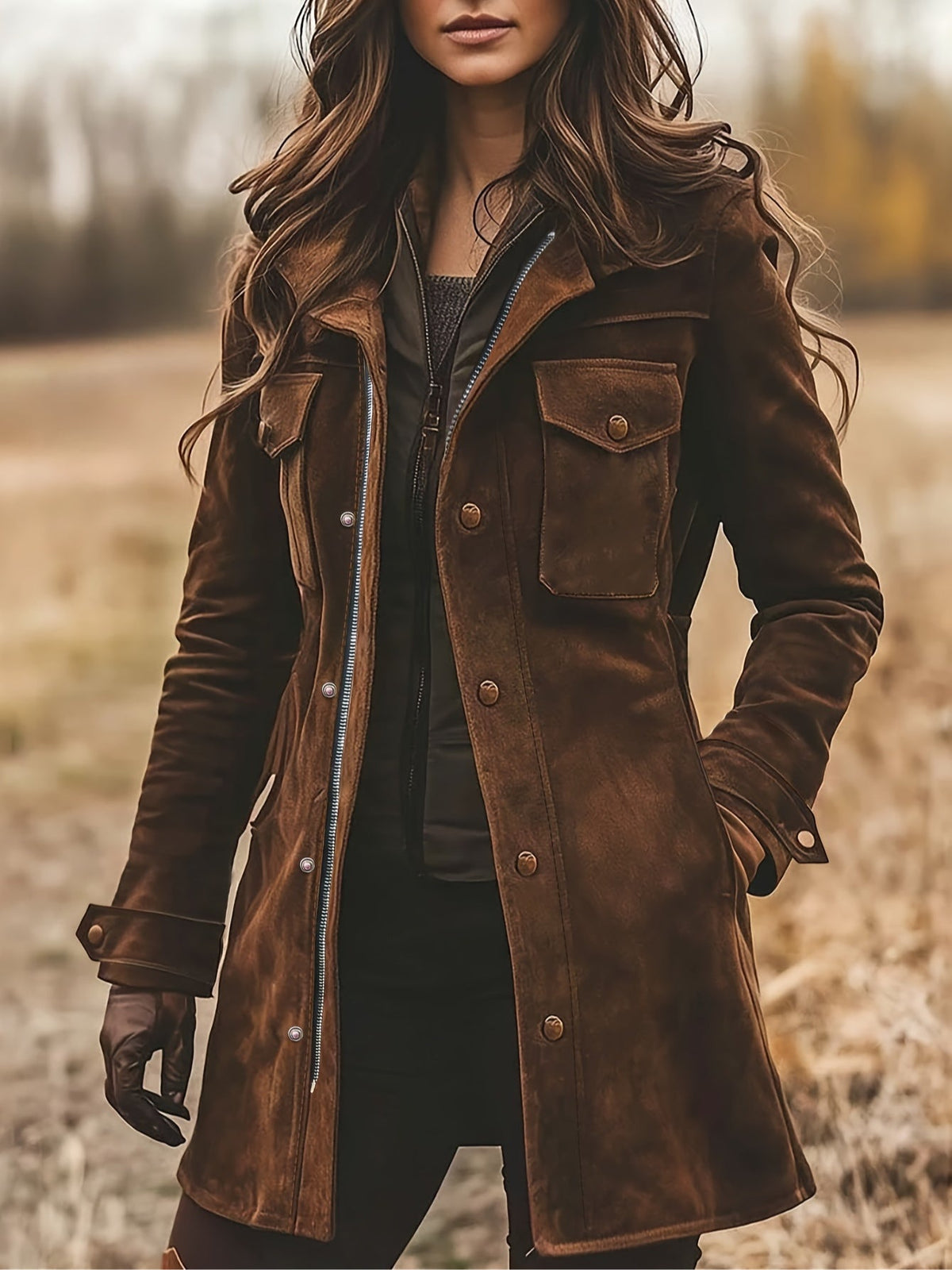 Vintage Faux Suede Lapel Collar Mid-Length Coat