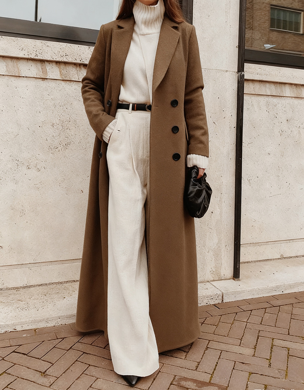 Wool-Blend Look Solid Long Sleeve Maxi Coat