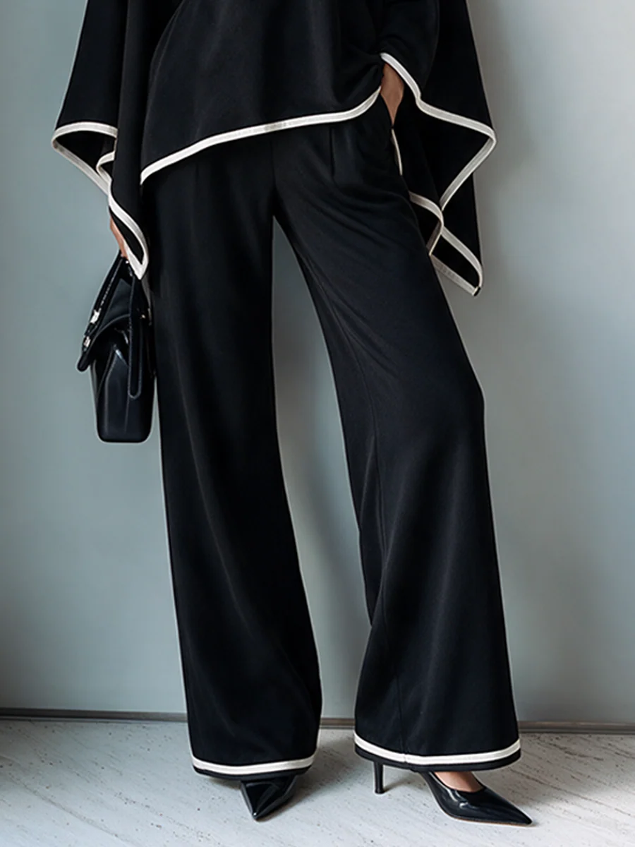 Elegant Black High Neck Batwing Sleeve Top and Wide Leg Pants Two-Piece Set