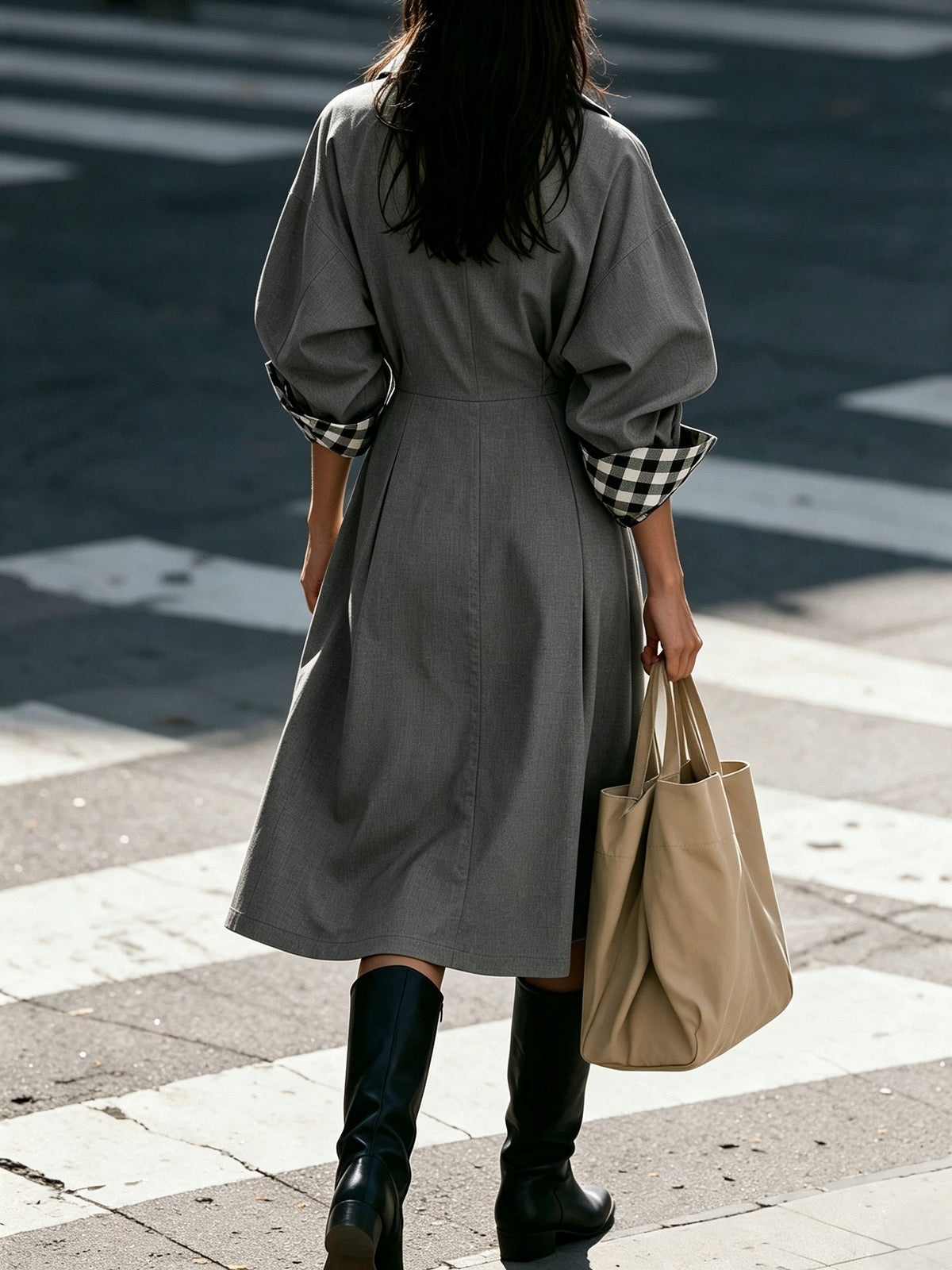 Chic Gray Long Sleeve Button Front Coat with Plaid Collar and Cuffs