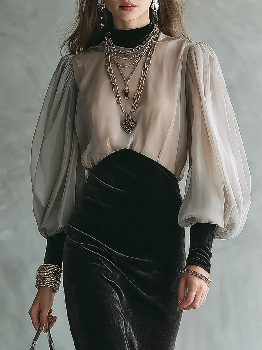 Elegant Printed Sheer Sleeve High Neck Velvet Midi Dress with Ruched Waist