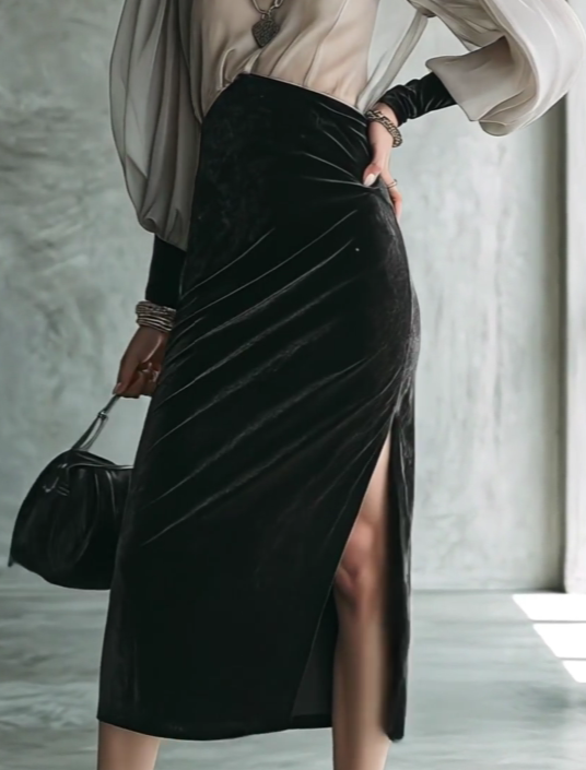 Elegant Printed Sheer Sleeve High Neck Velvet Midi Dress with Ruched Waist