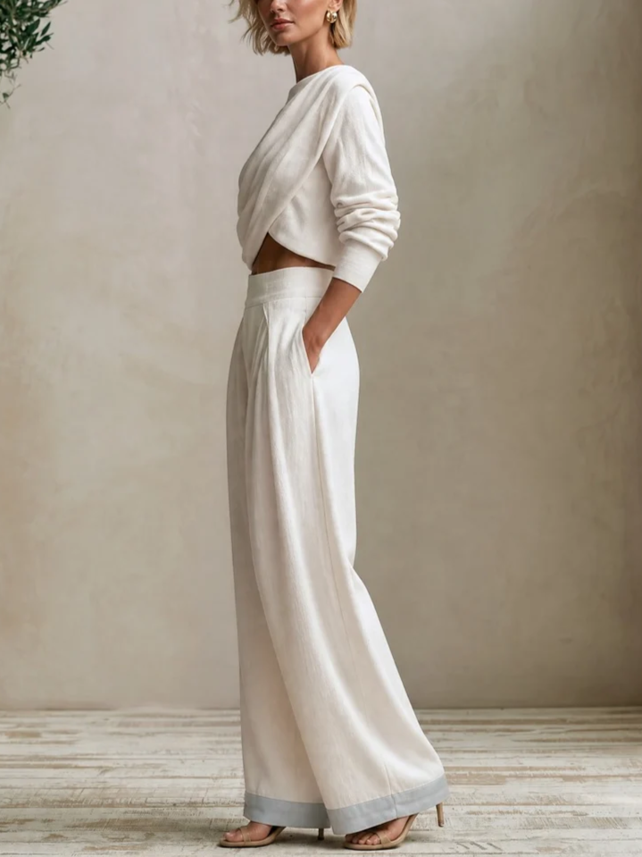 White Draped Long Sleeve Top and Wide Leg Pants Two Piece Set