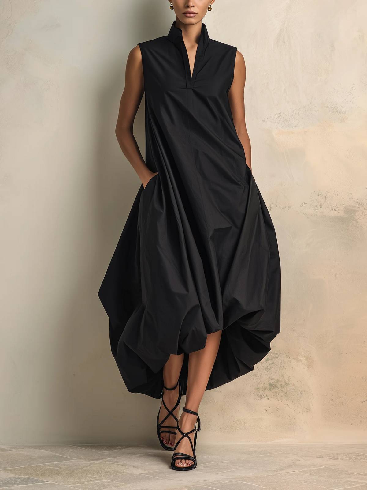 Elegant Black High-Neck Draped Midi Dress with Pockets