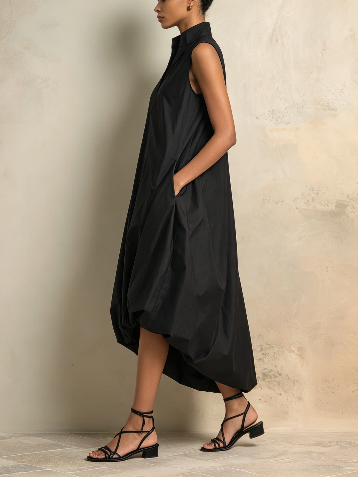 Elegant Black High-Neck Draped Midi Dress with Pockets
