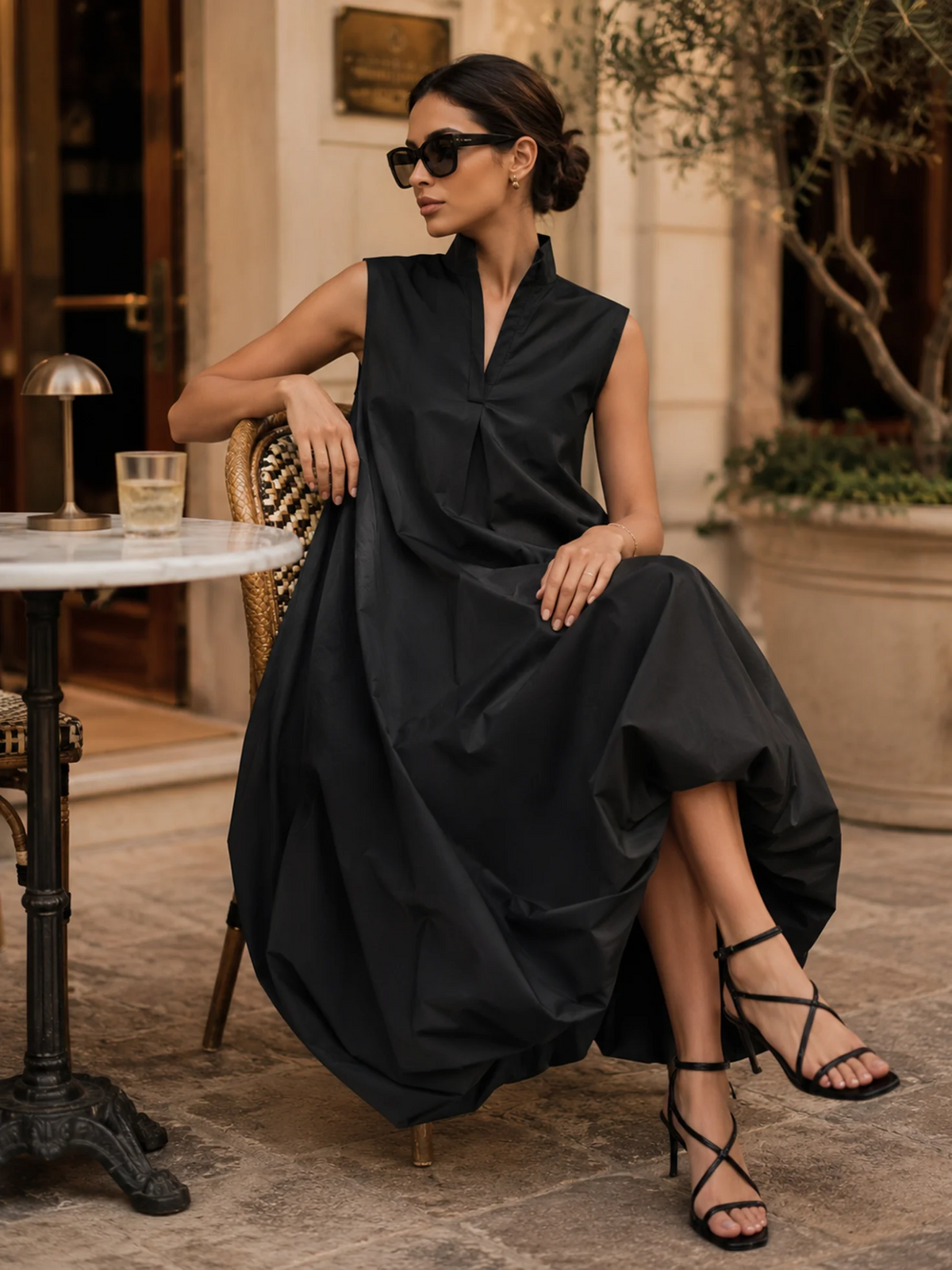 Elegant Black High-Neck Draped Midi Dress with Pockets