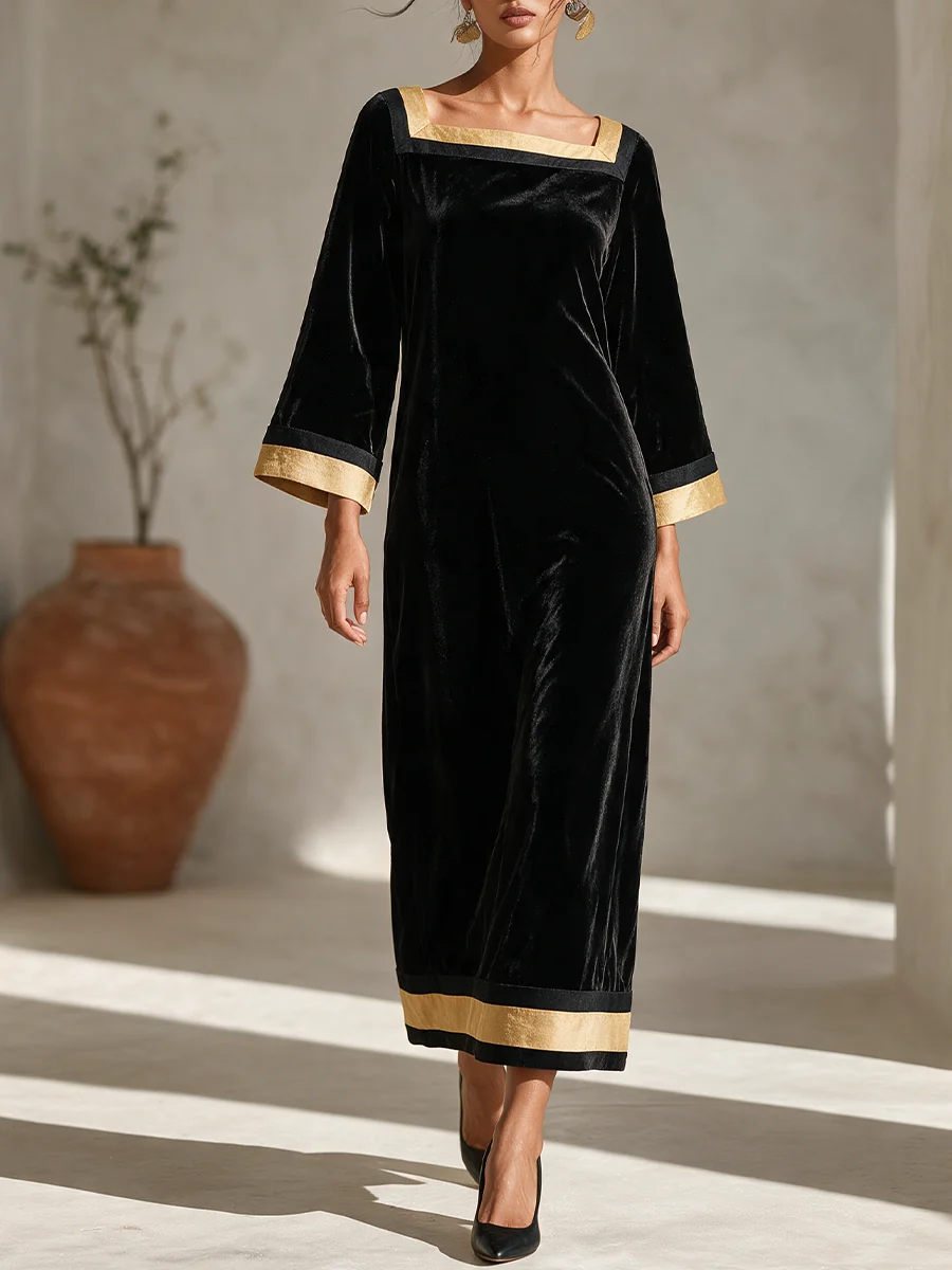 Black Velvet Gold-Trim Square Neck Midi Dress