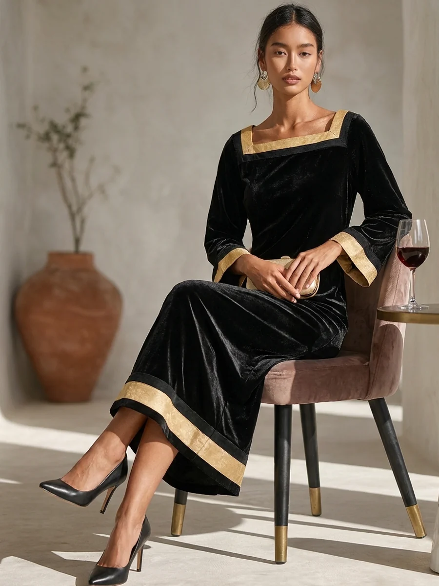 Black Velvet Gold-Trim Square Neck Midi Dress