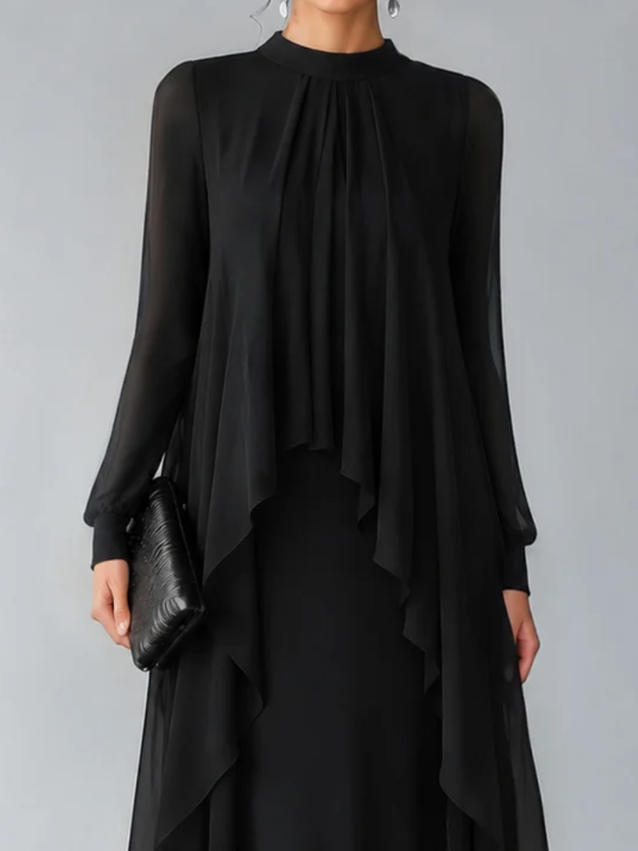 Elegant Black Sheer Overlay Long Sleeve Maxi Dress