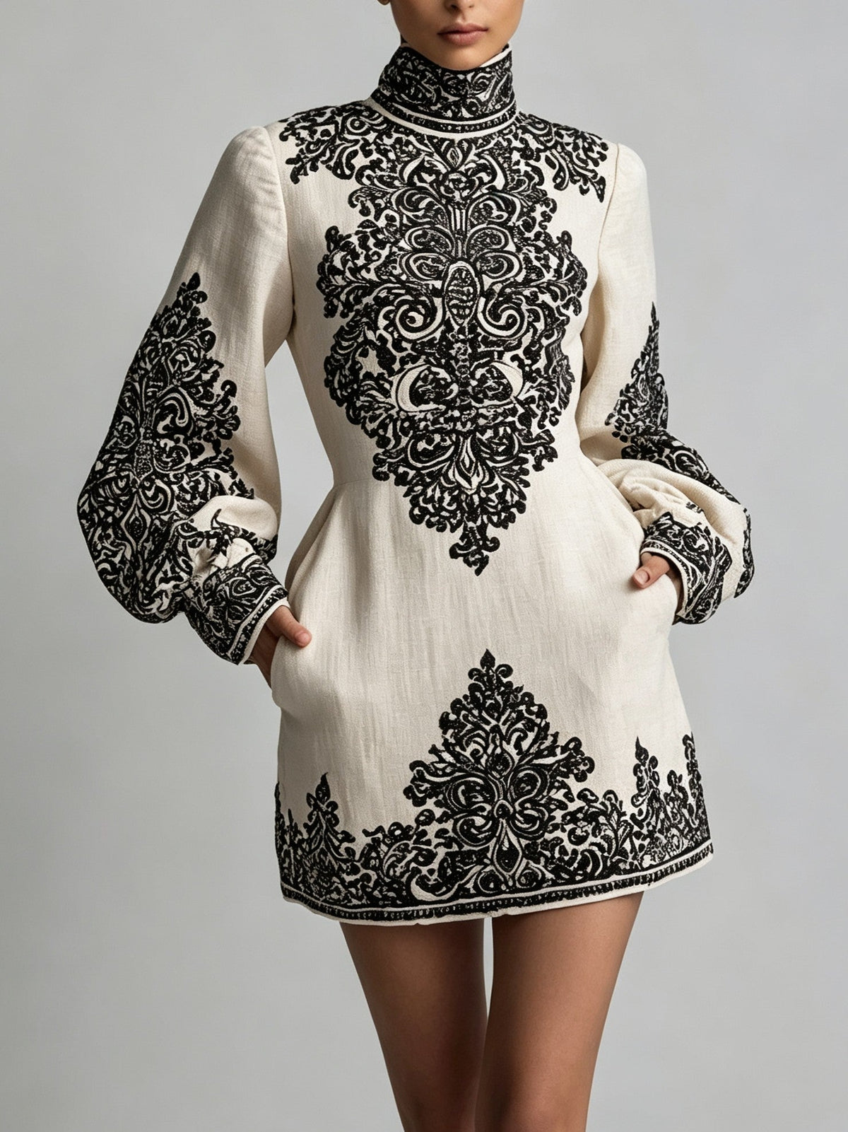 Ivory Black Ornamental Print High-Neck Long Sleeve Mini Dress