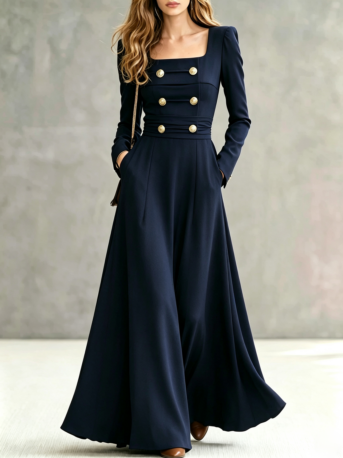Elegant Navy Blue Long Sleeve Button Detail Maxi Dress with Pockets